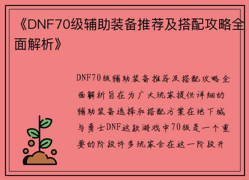 《DNF70级辅助装备推荐及搭配攻略全面解析》