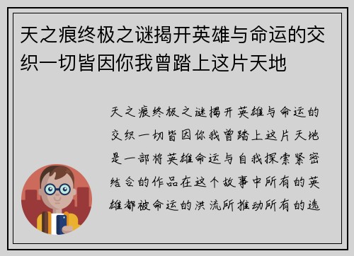 天之痕终极之谜揭开英雄与命运的交织一切皆因你我曾踏上这片天地