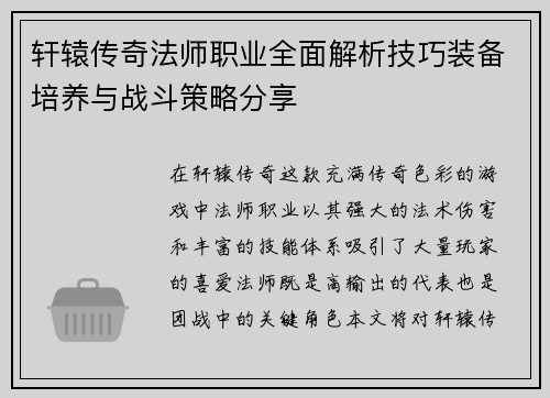 轩辕传奇法师职业全面解析技巧装备培养与战斗策略分享
